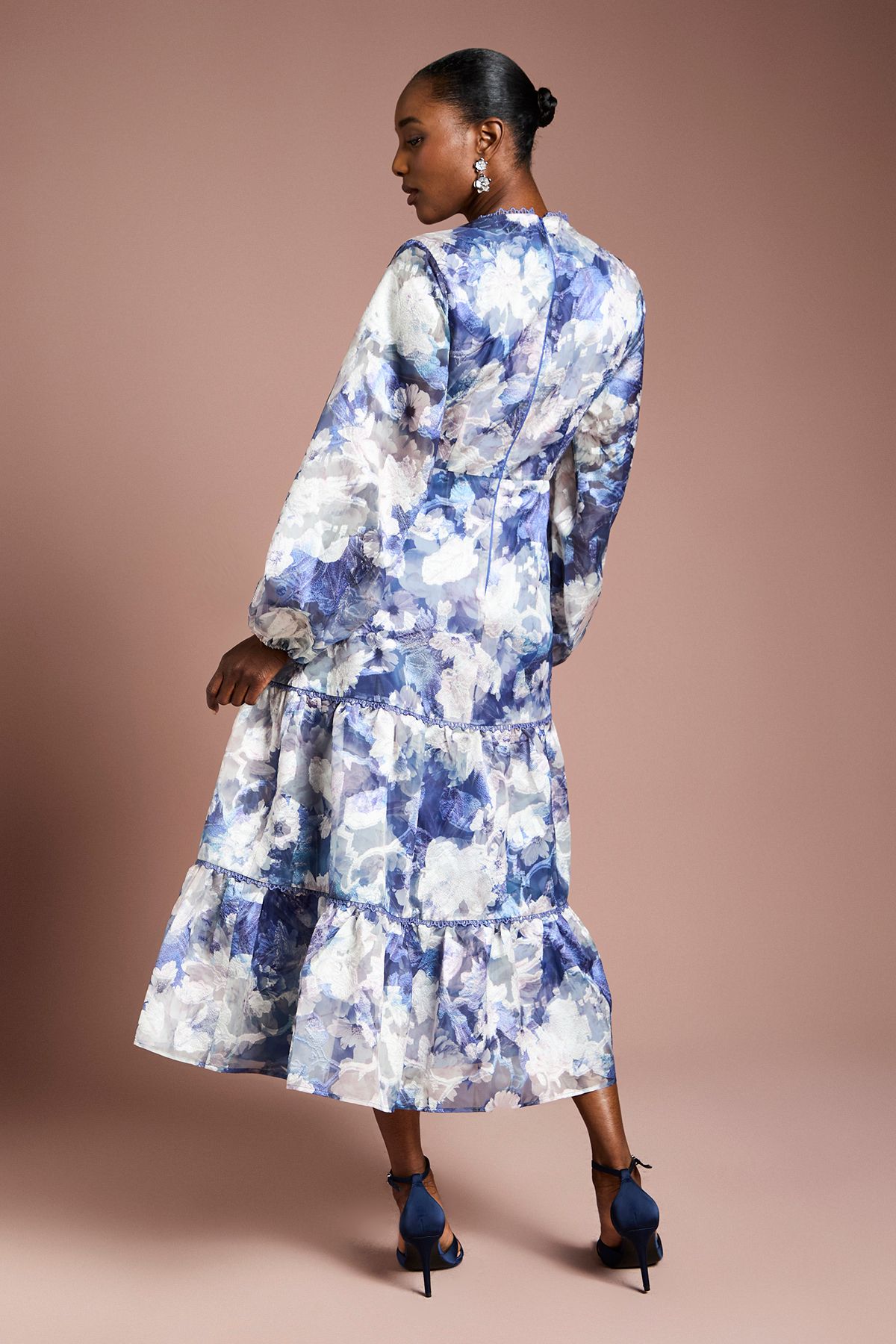 Coast Printed Satin Jacquard Volume Dress Navy image 3