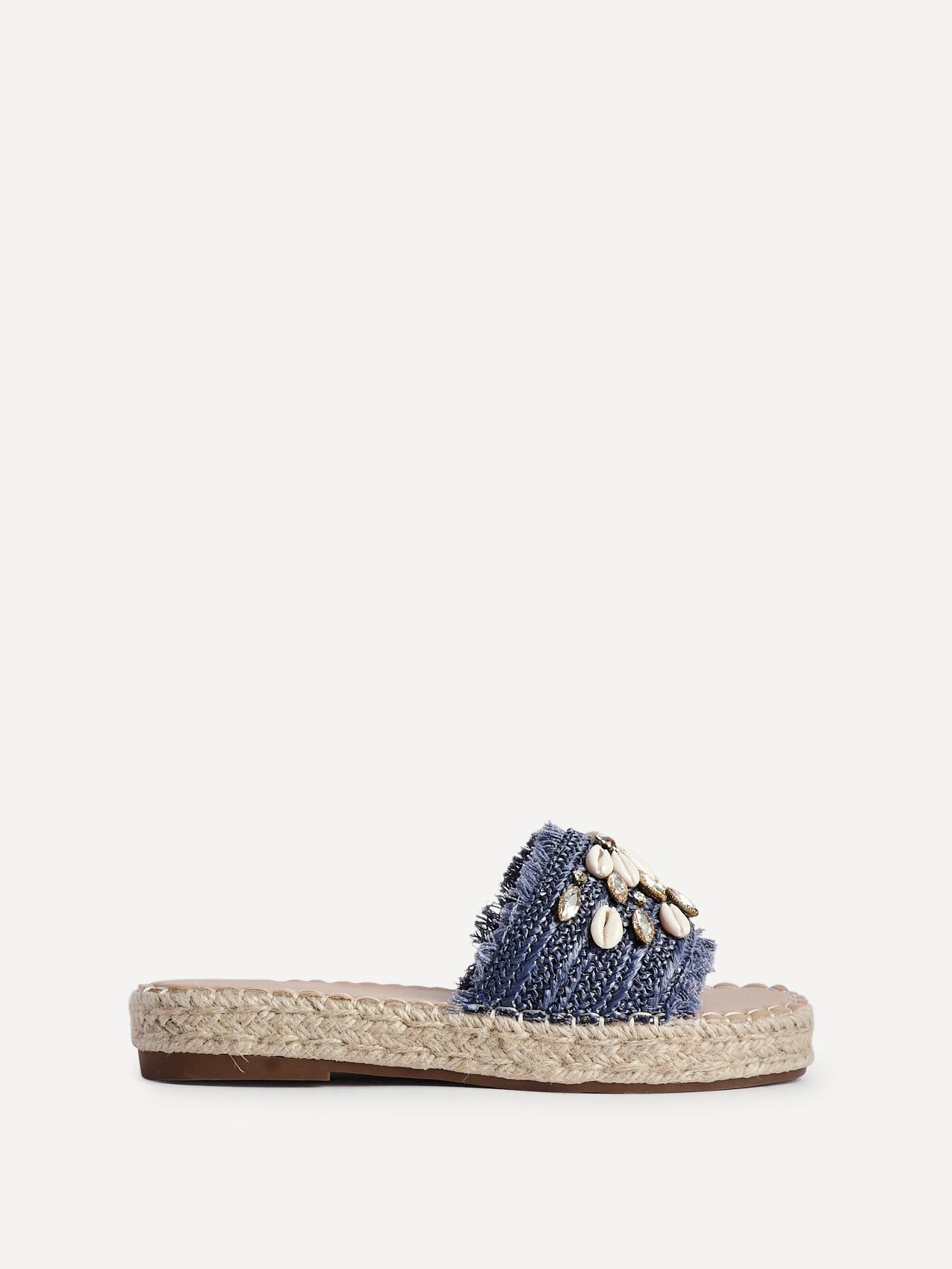 Linzi Seaside Blue Raffia Shell Embellished Flat Slider image 1