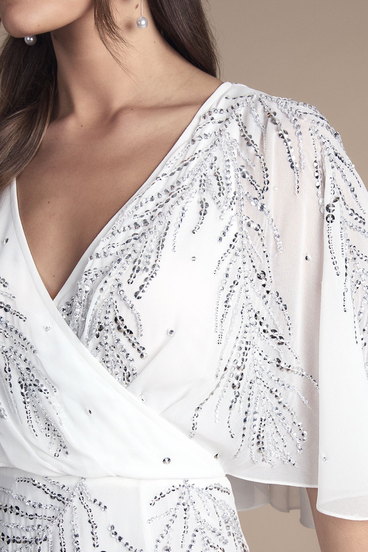 Coast Sequin and Embellished Angel Sleeve Wrap Detail Maxi Wedding Dress with Cape Back Ivory image 5