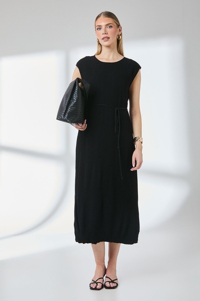 Principles Crinkle Viscose Tie Waist Column Midi Dress Black