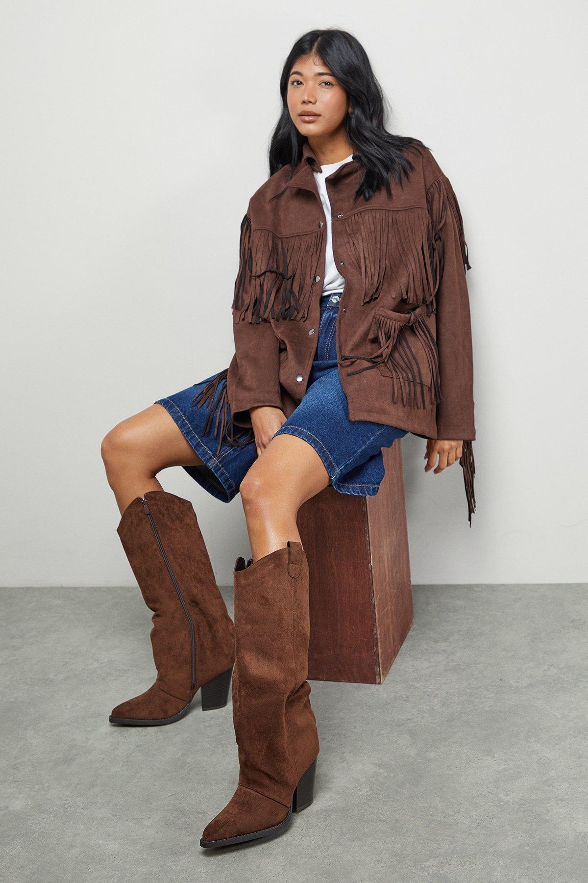 Oasis Faith: Alma Faux Suede Straight Leg Western Knee Boots Chocolate image 2