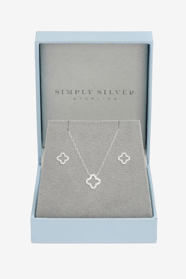 Simply Silver Sterling Silver 925 Cubic Zirconia Pave Open Clover Set - Gift Box