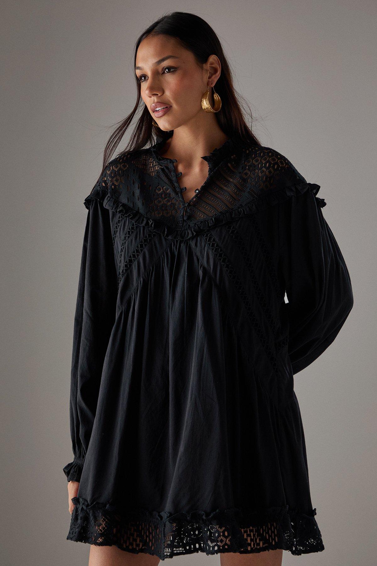 Warehouse HCD Cotton Lace Insert Mini Smock Dress Black image 1