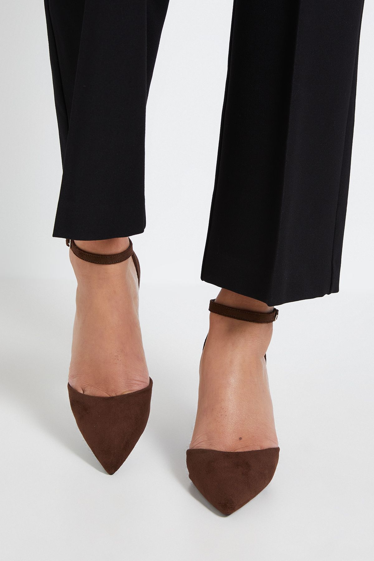 Dorothy Perkins Blanche Faux Suede Ankle Strap Pointed High Block Heel Court Shoes Chocolate image 2