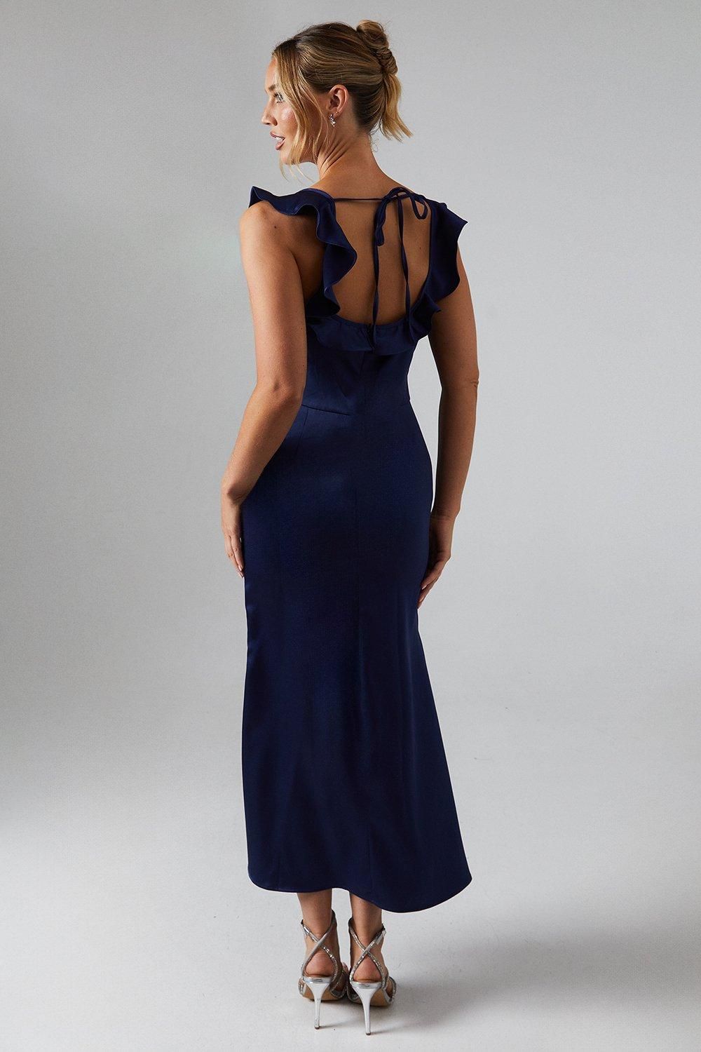 Oasis Oasis by Coast Ruffle Square Neck Satin Bridesmaid Midi Dress Navy image 3