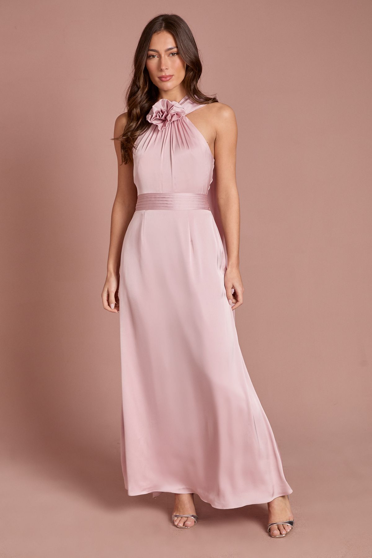 Coast 3D Corsage Satin Maxi Dress With Drape Detail Pink