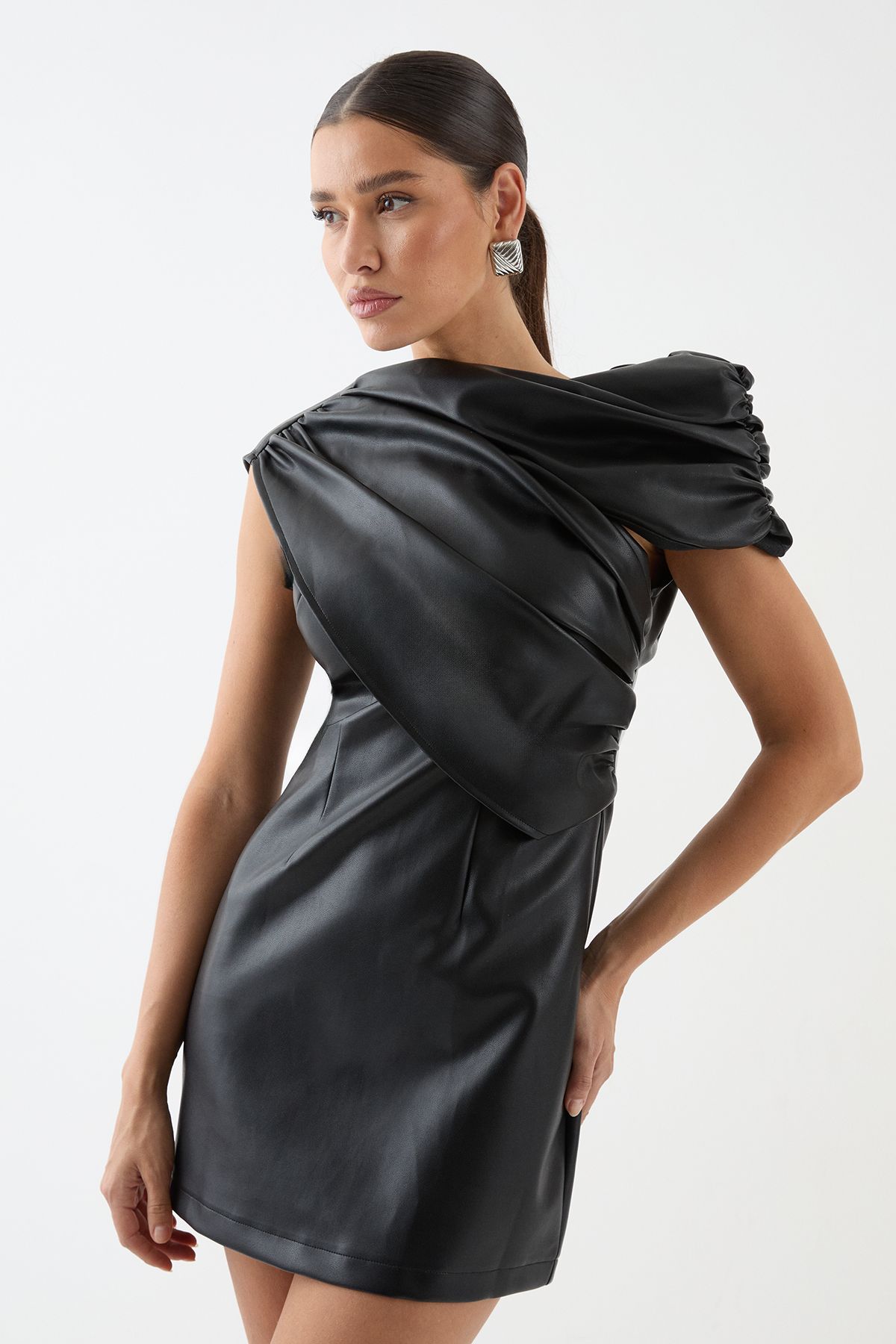 MissPap Ruched Detail Pu Mini Dress Black image 1