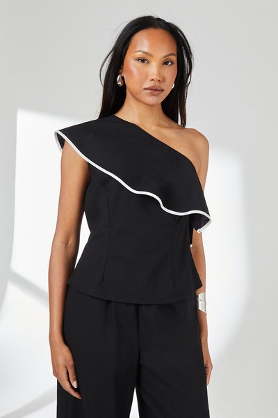 Principles Black Contrast Detail One Shoulder Frill Linen Top Black