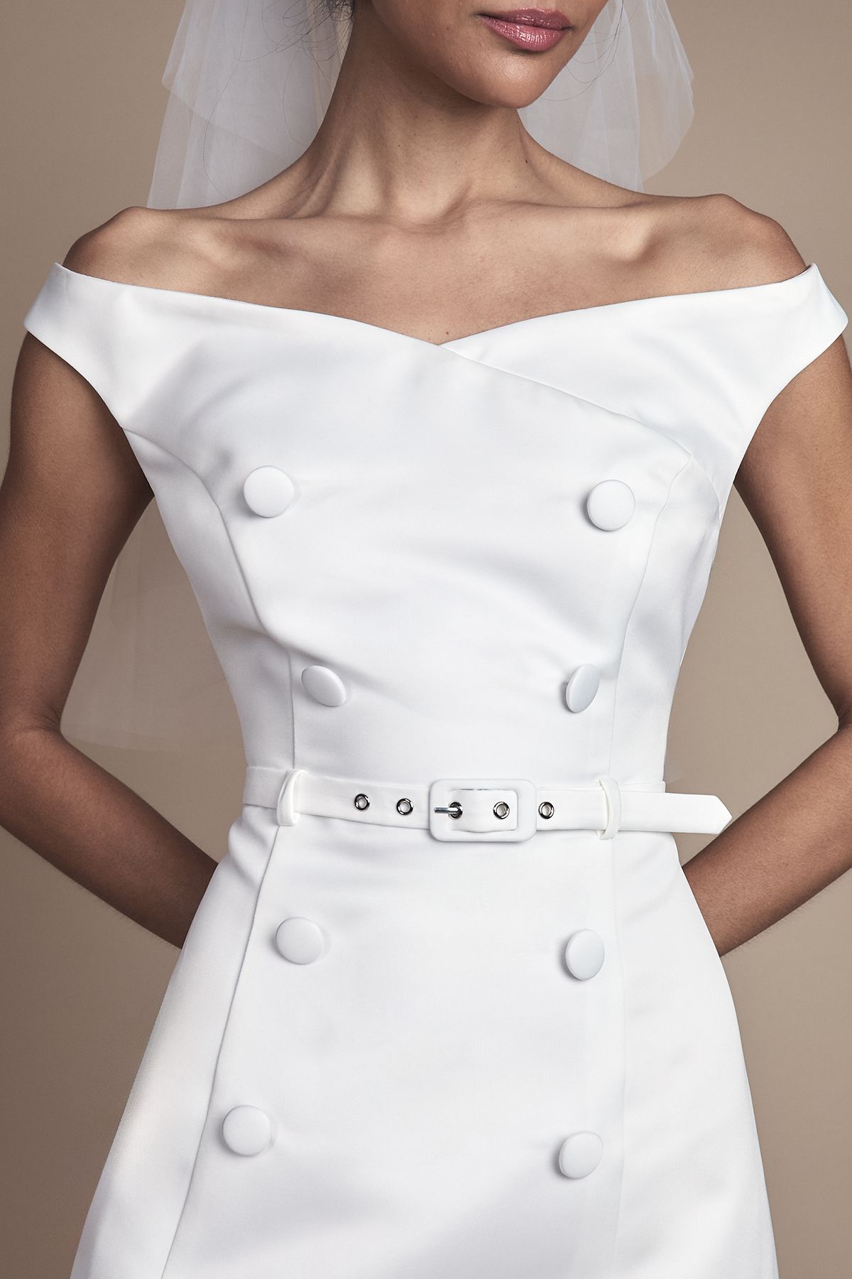 Coast Bardot Fit and Flare Button Detail Mini Wedding Dress Ivory image 4