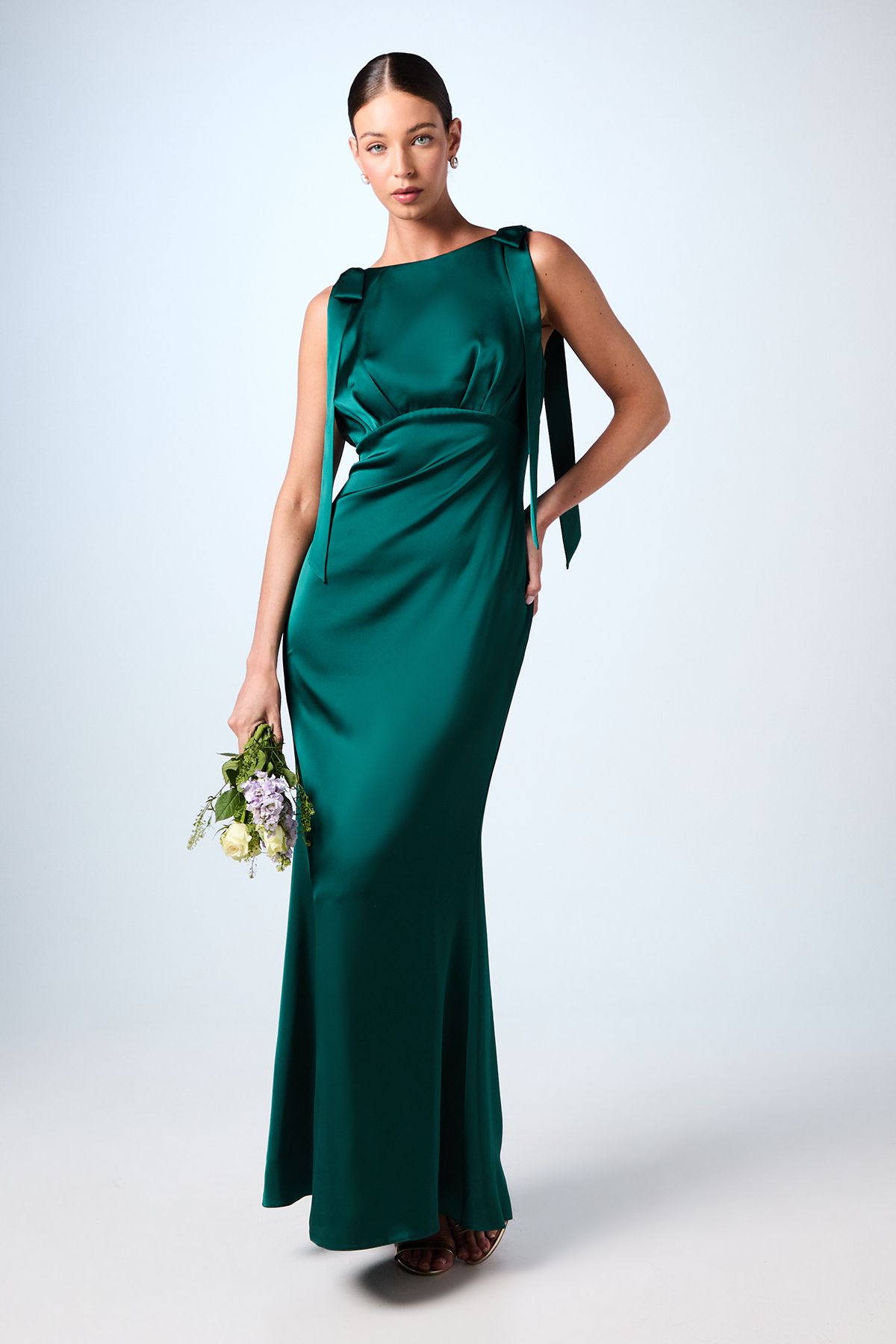 Coast Coast Honoured Sleeveless High Neck Tie Shoulder Satin Maxi Bridesmaid Dress Emerald image 1