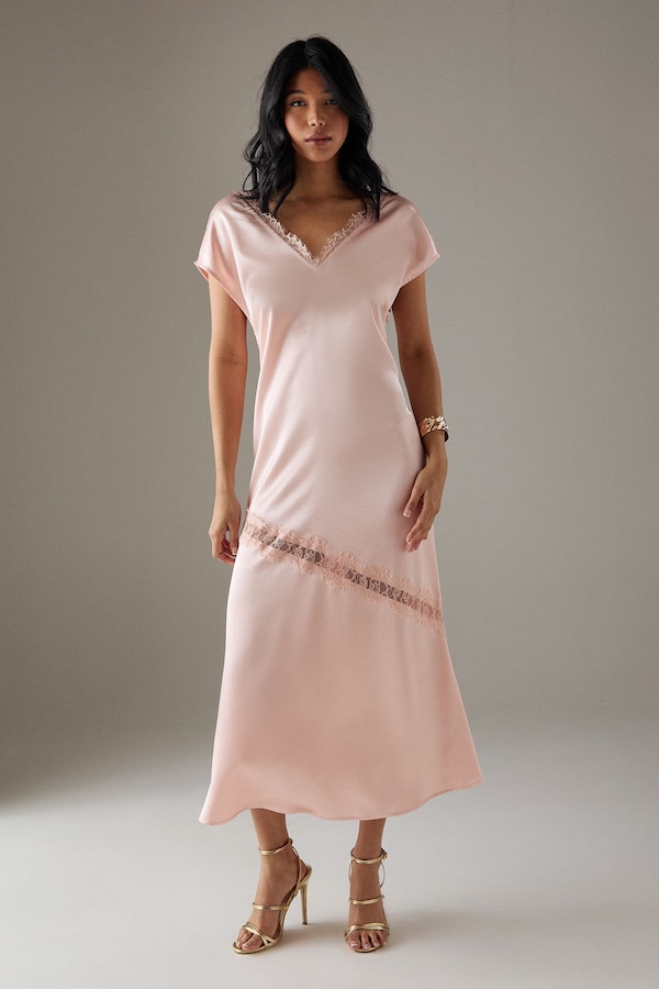 Warehouse High Shine Satin Grown On Sleeve Lace Midi Tea Dress Peach