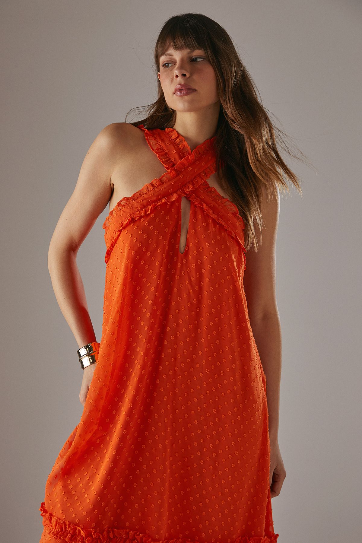 Warehouse Dobby Chiffon Frill Halter Tier Ruffle Maxi Dress Orange image 4