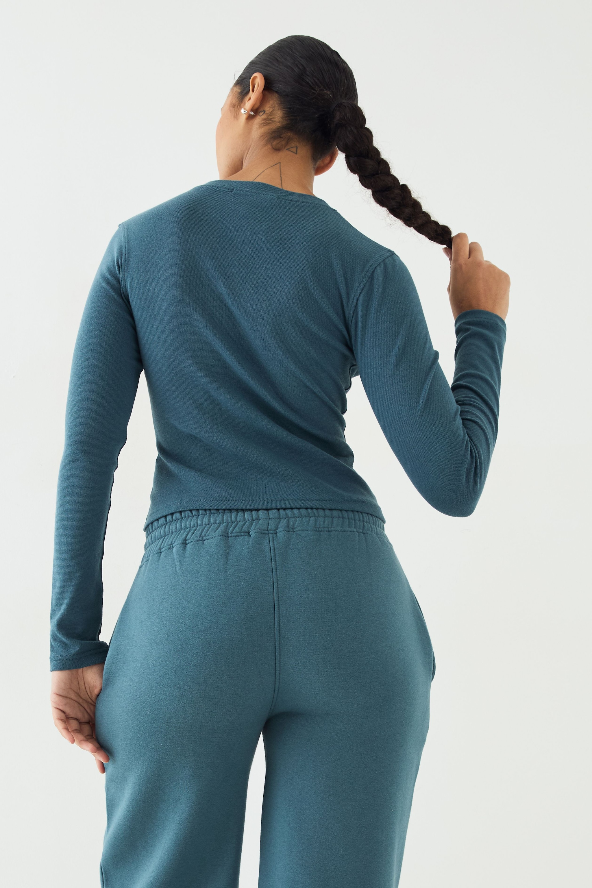 DSGN Studio DSGN Studio Ribbed Script Embroidery  Button Through Long Sleeve Top Teal image 2