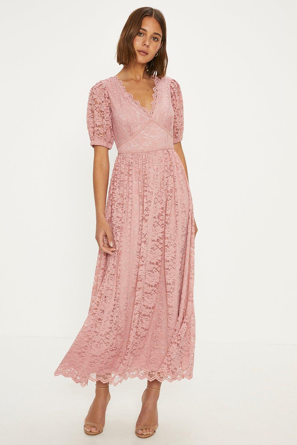 Oasis Lace Puff Sleeve V Neck Midaxi Dress Dusty Pink image 1