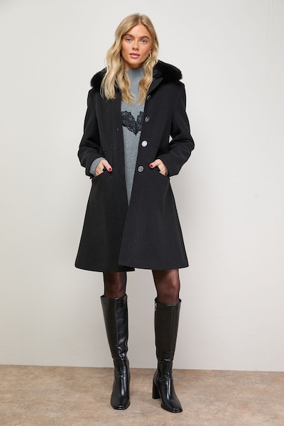 Oasis Faux Wool Button Through Dolly Coat With Faux Fur Black