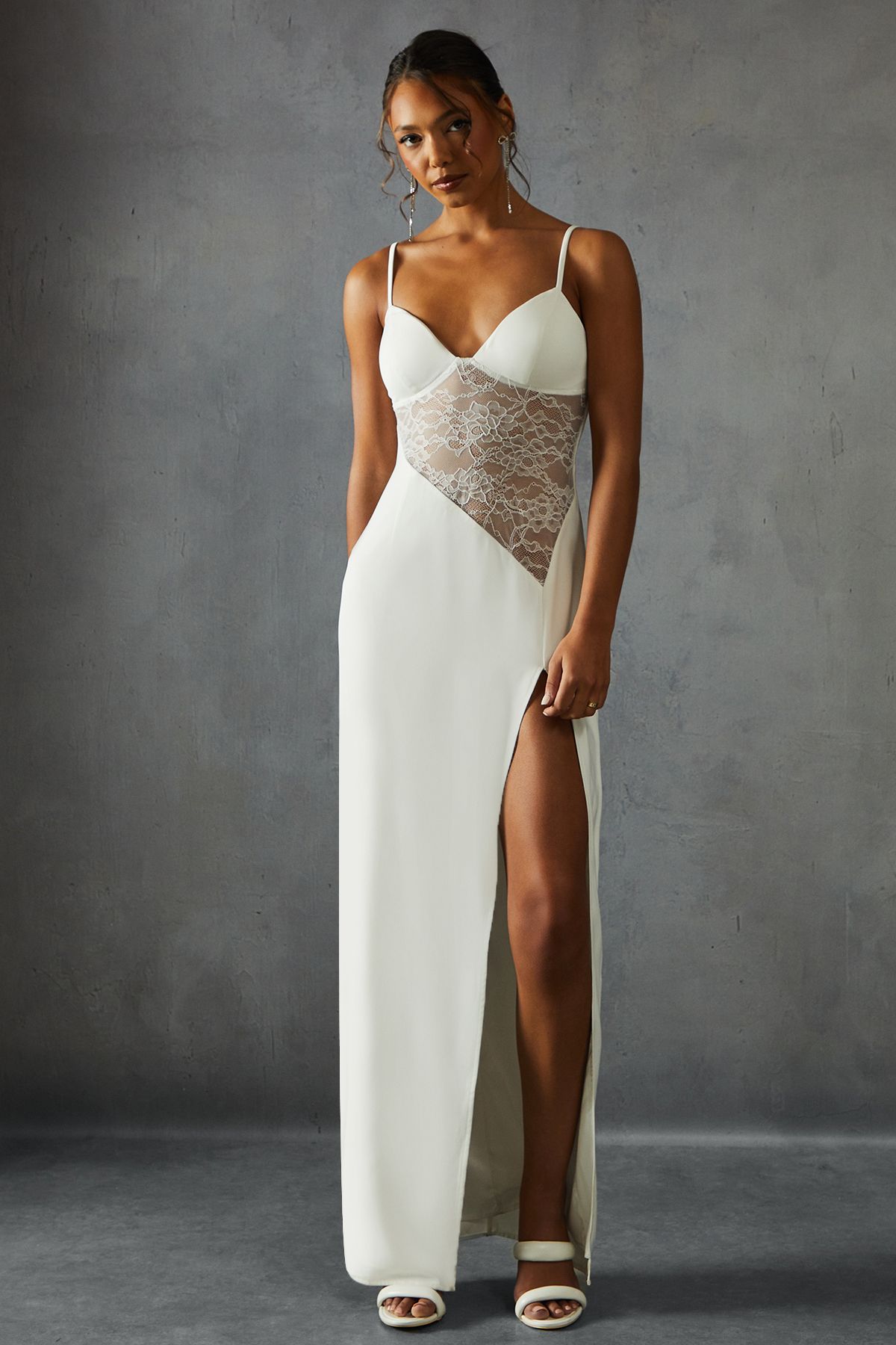 MissPap Lace Insert Strappy Cupped Maxi Dress White image 1