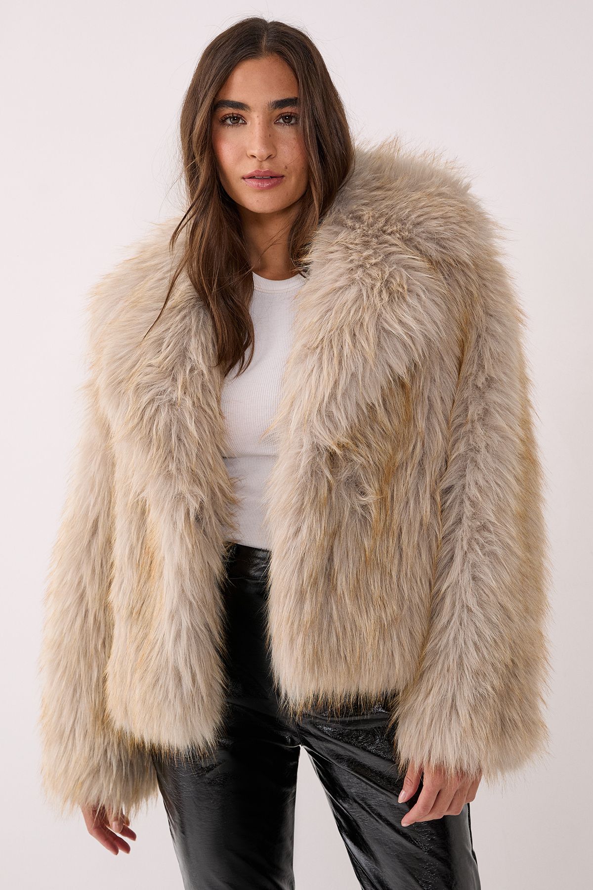 NastyGal Faux Fur Collared Cropped Coat Ecru image 3
