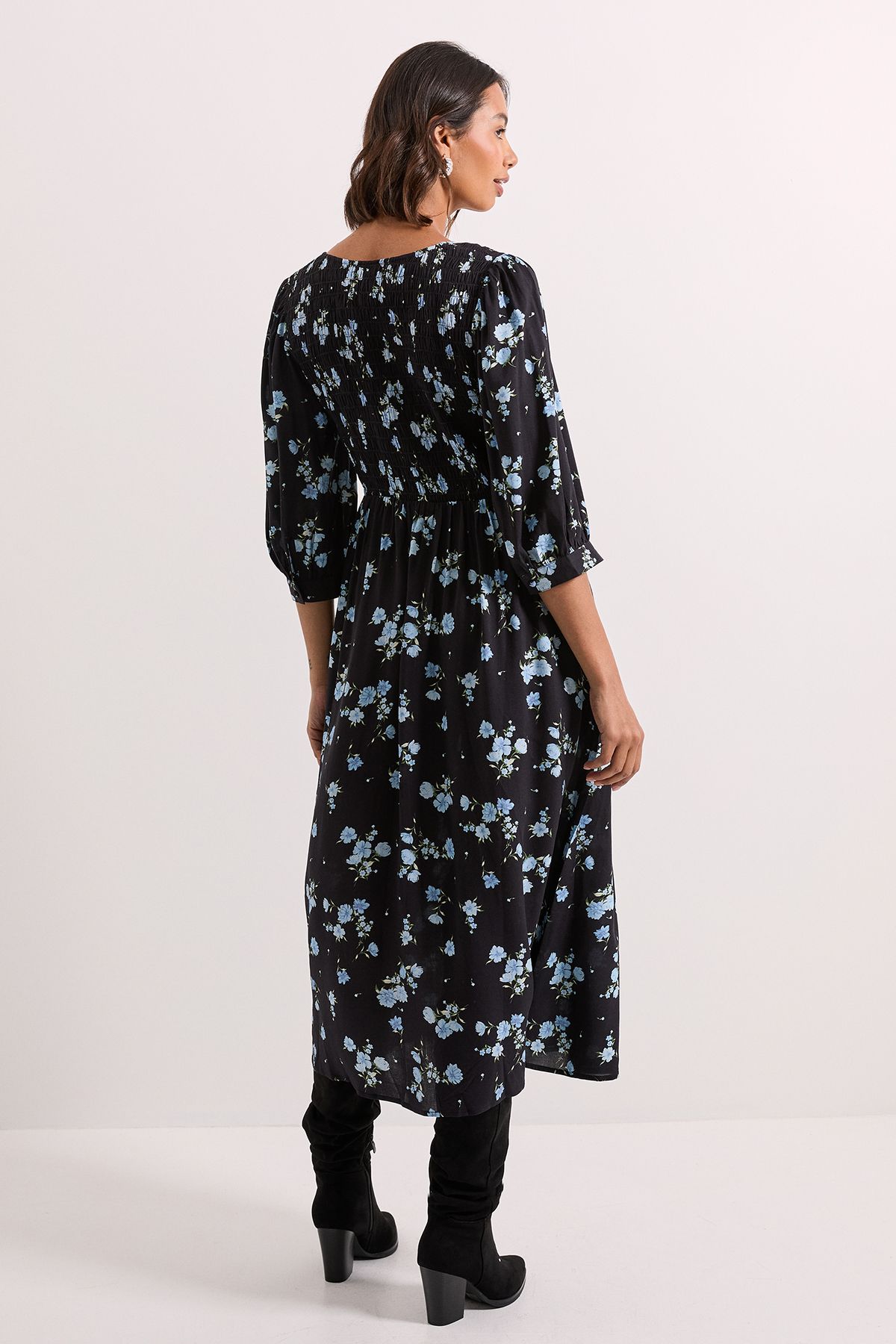 Dorothy Perkins Floral Shirred Bodice Button Detail Midi Dress Floral image 3