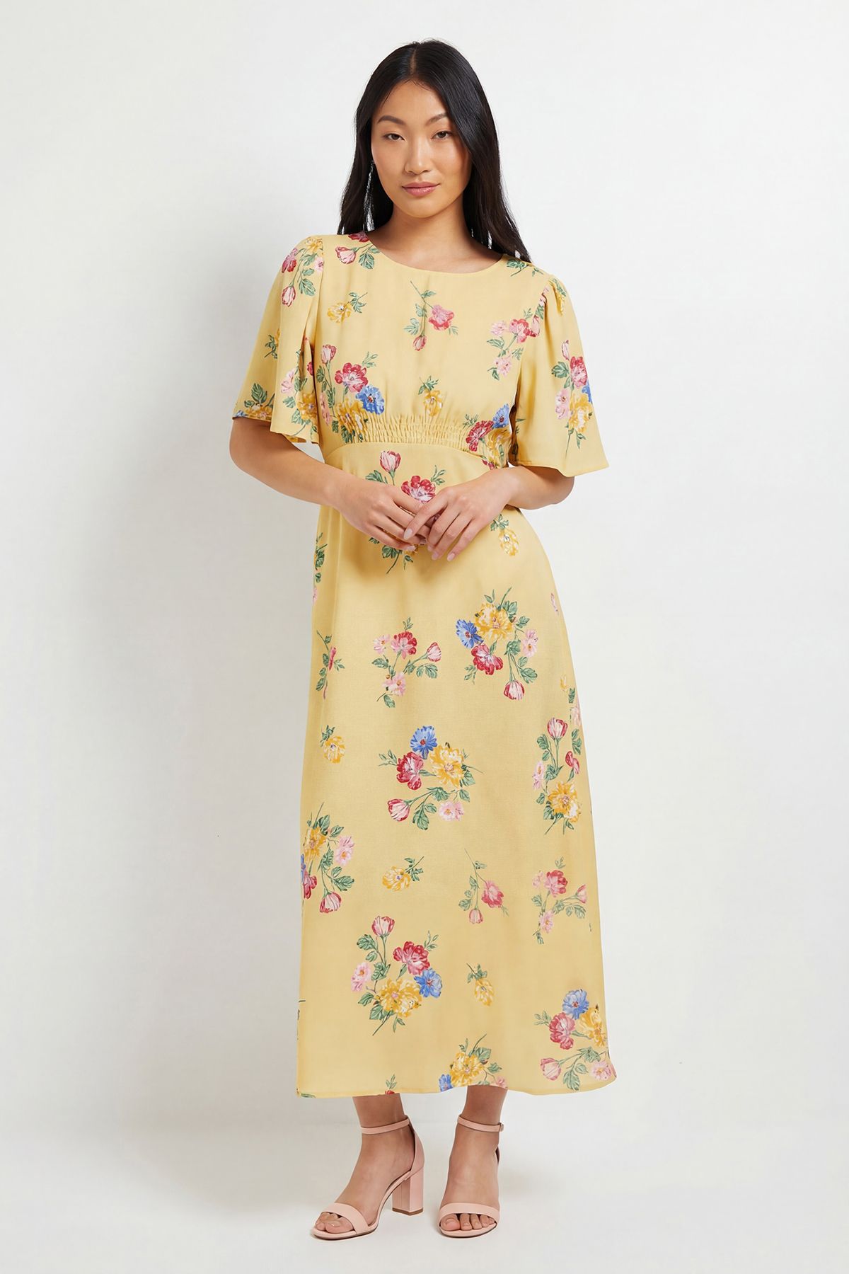 Dorothy Perkins Petite Flutter Sleeve Shirred Waist Midi Dress Floral