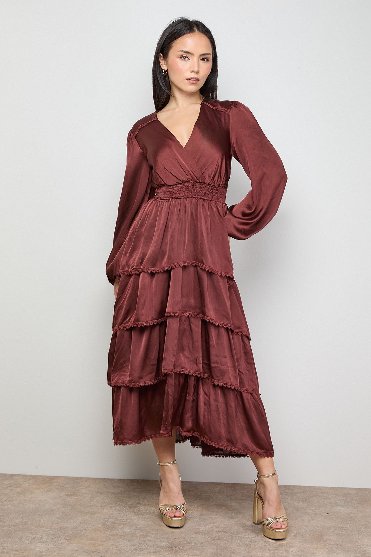 Oasis Petite Ruffle Tiered Balloon Sleeve High Low Hem Midi Dress Chocolate image 1