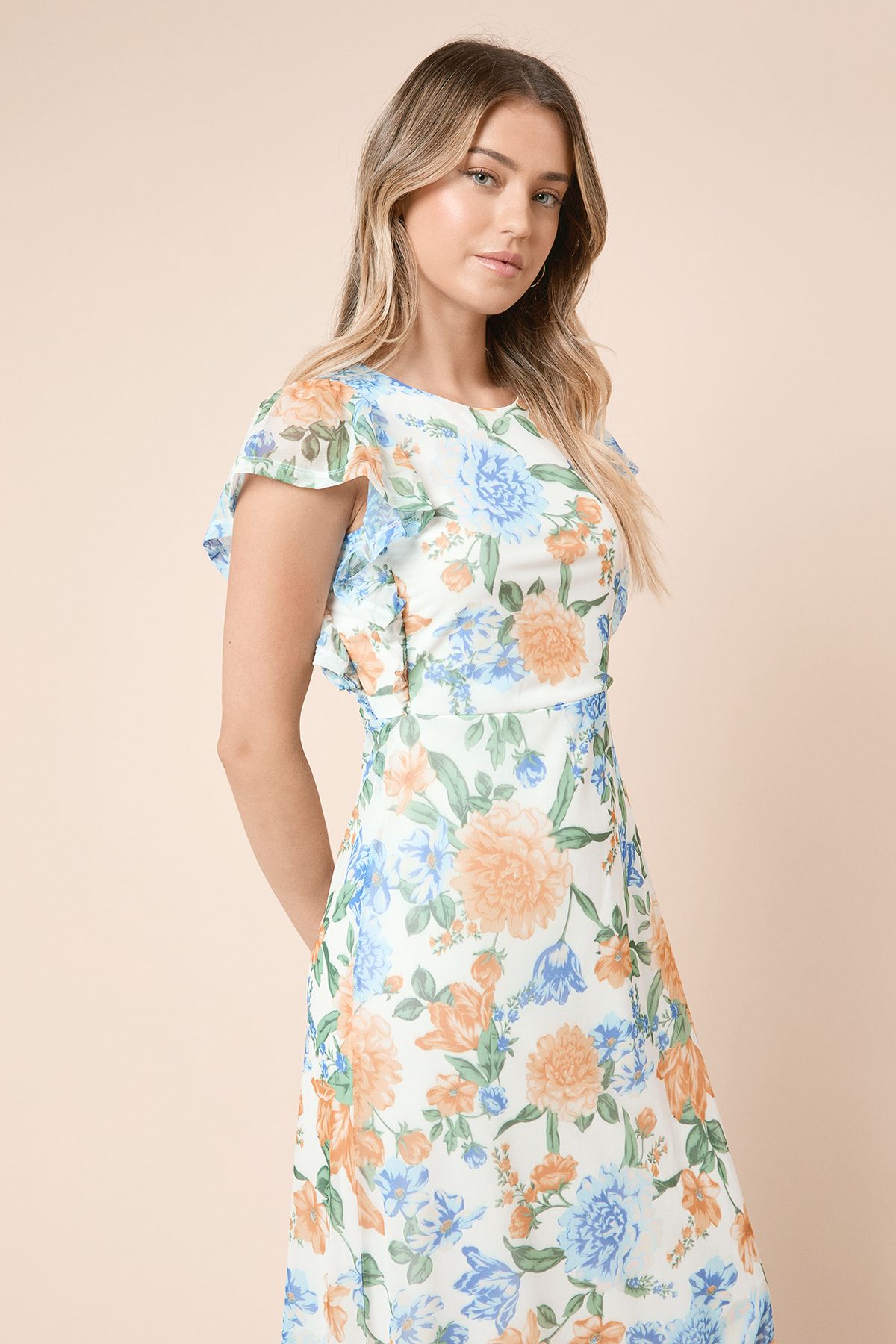 Dorothy Perkins Floral Frill Sleeve Belt Detail Mesh Jersey Midi Dress Floral image 2