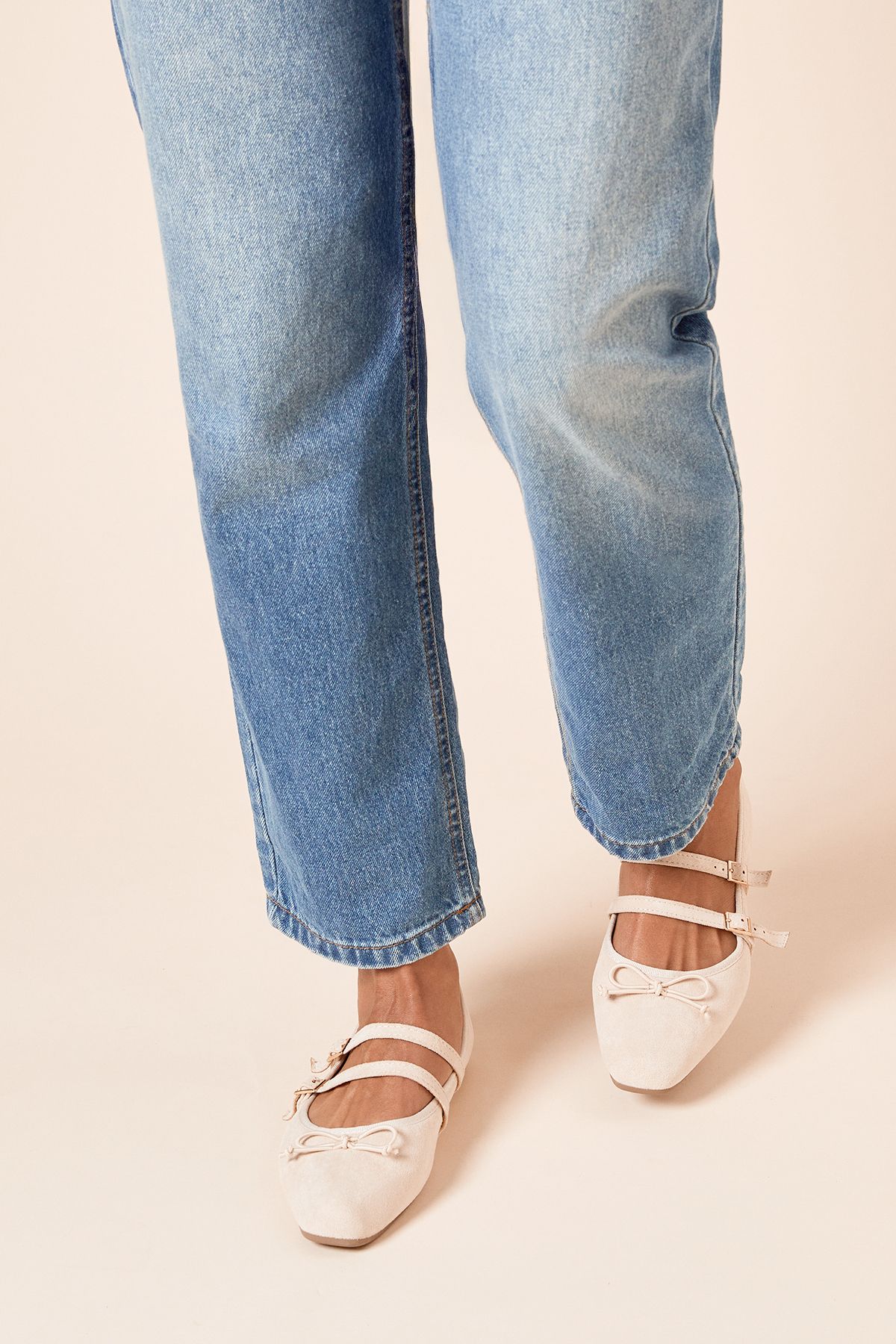 Dorothy Perkins Margaret Faux Suede Cross Strap Mary Jane Flat Ballet Pumps Beige image 3