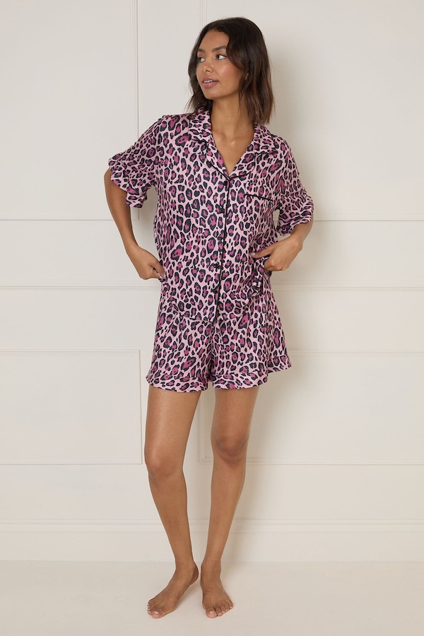 Dorothy Perkins Printed Leopard Nightwear Tipped Short Sleeve Pyjama Set Leopard