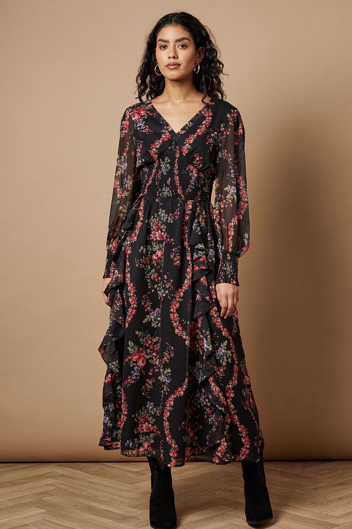 Oasis Petite Floral Printed Ruffle Detail Shirred Waist Midaxi Dress Black
