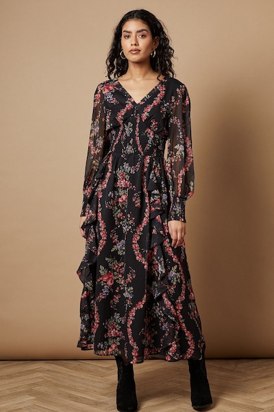Oasis Petite Floral Printed Ruffle Detail Shirred Waist Midaxi Dress Black