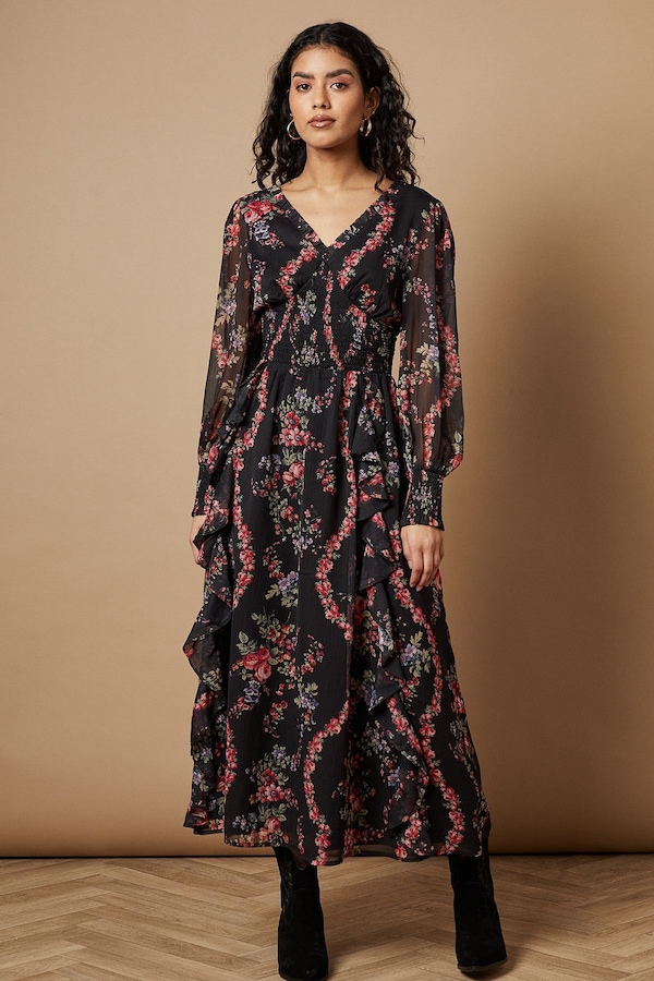 Oasis Petite Floral Printed Ruffle Detail Shirred Waist Midaxi Dress Black