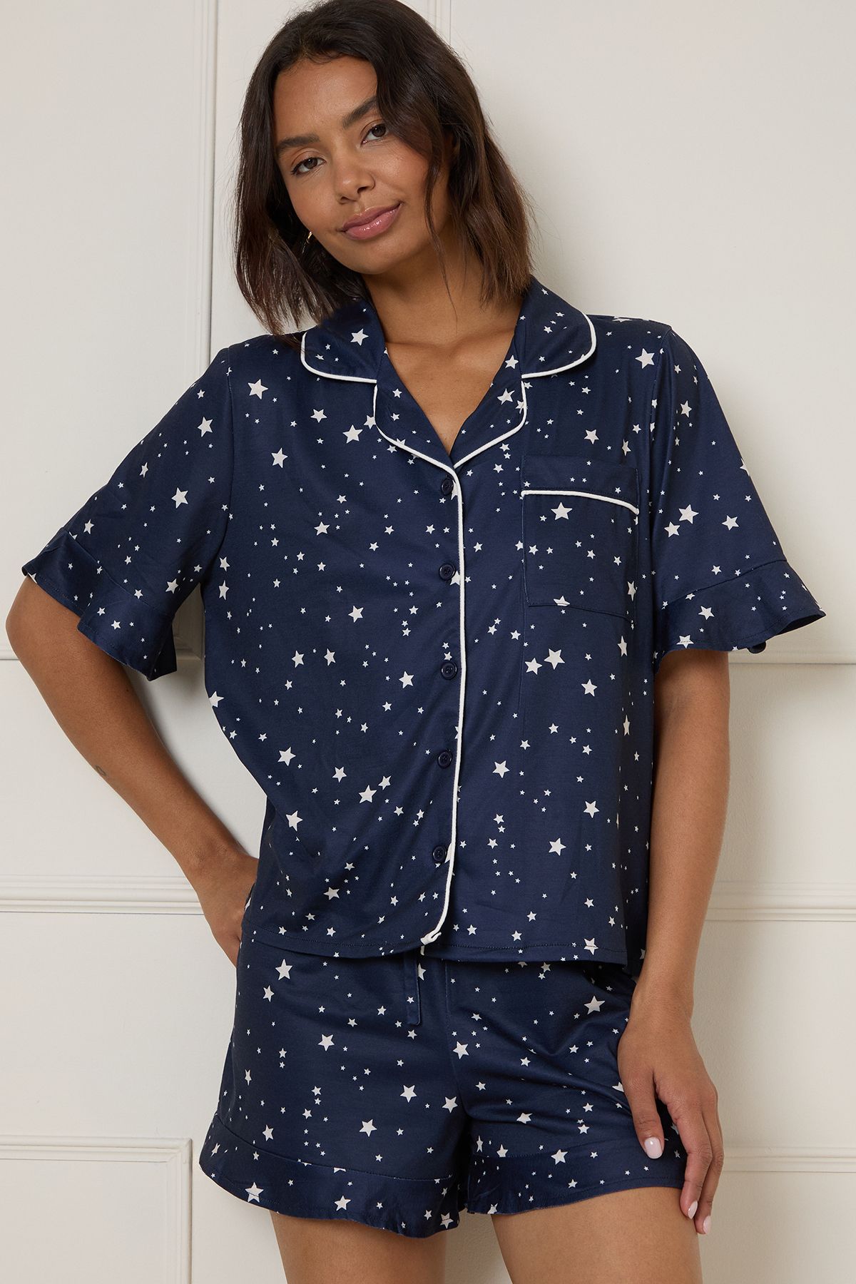 Dorothy Perkins Printed Nightwear Tipped Short Sleeve Pyjama Set Navy image 4