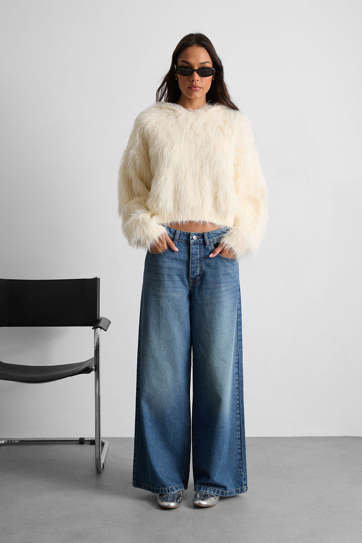 Warehouse Soft Touch Fluffy Hooded Jumper Butter