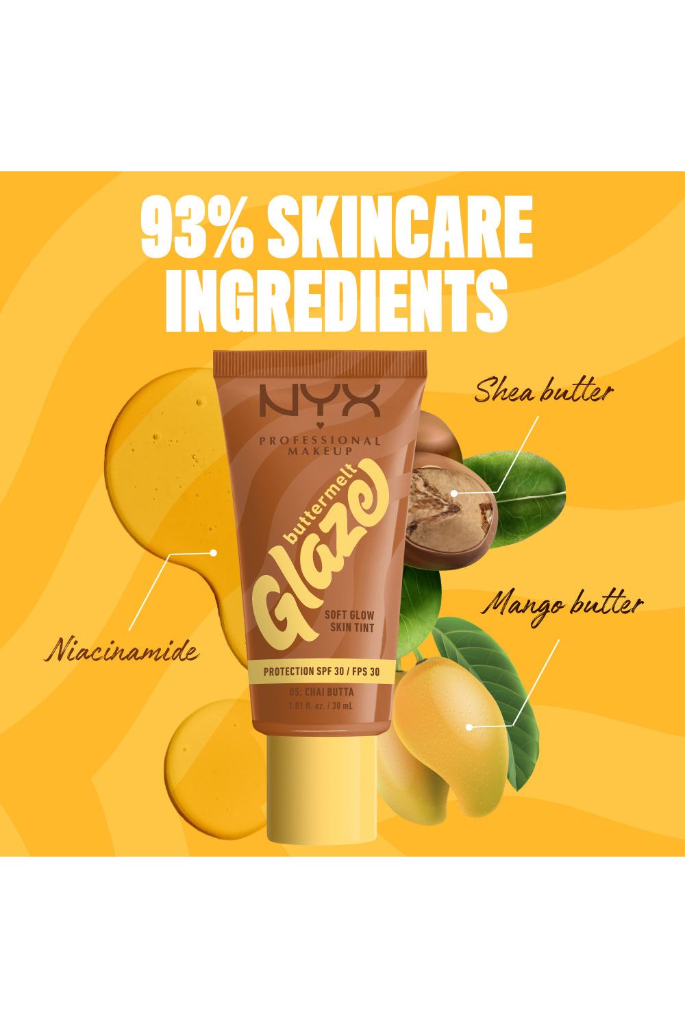 NYX Professional Makeup Buttermelt Glaze Soft Glow Skin Tint + SPF/FPS 30 30ml Chai Butta image 2