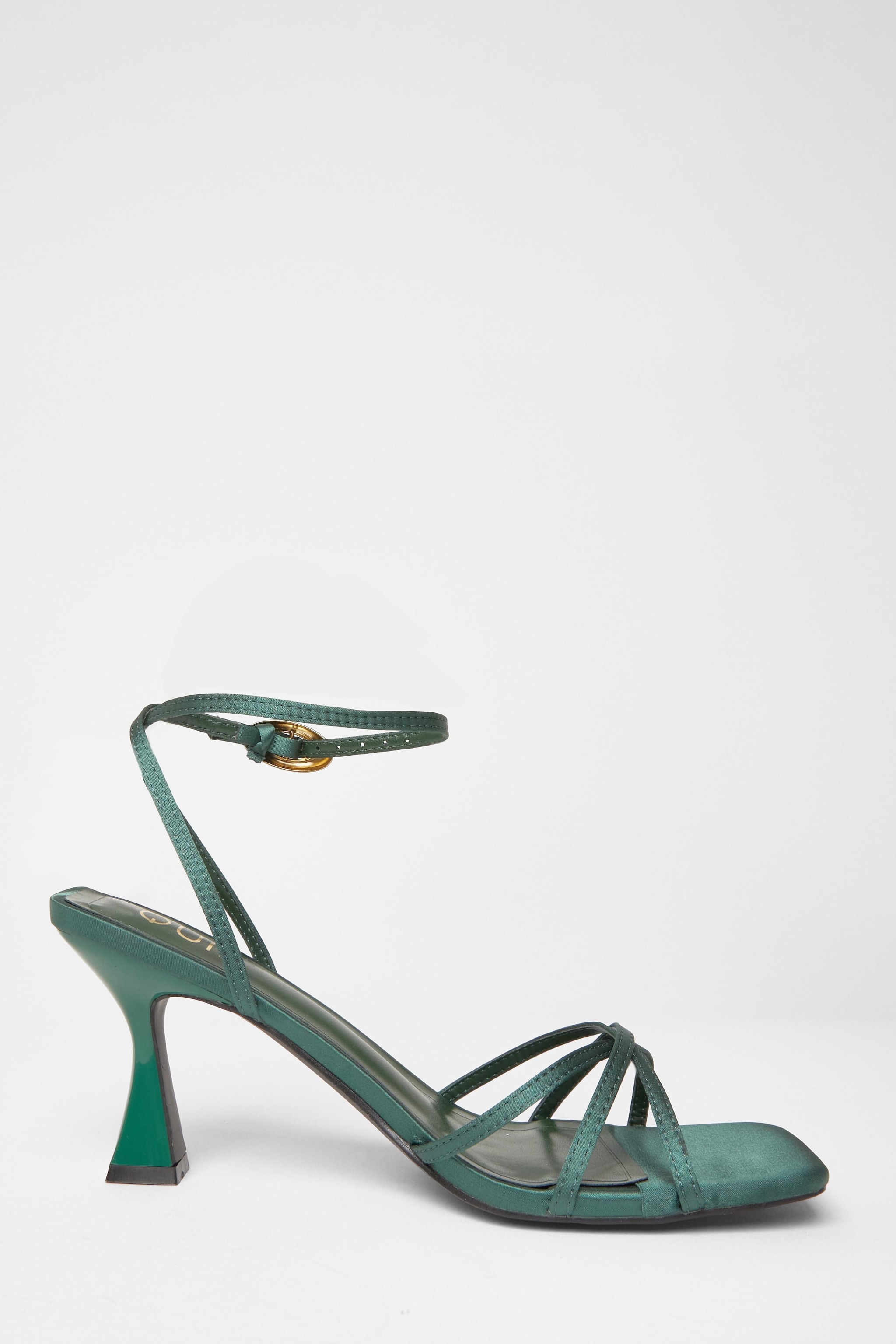 Quiz Green Satin Strappy Flared Heels image 5