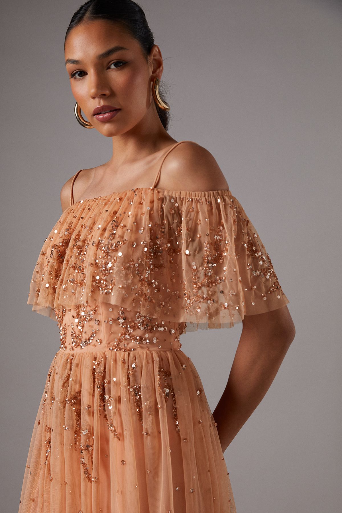 Coast Sequin Mesh Midi Dress With Flutter Sleeves Apricot image 2