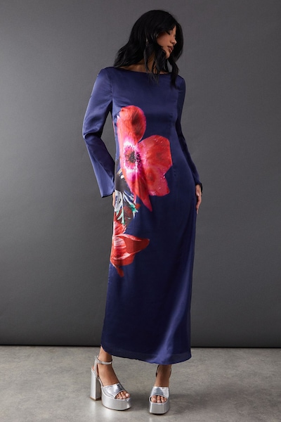 Warehouse Floral Placement Print Satin Midi Dress Navy