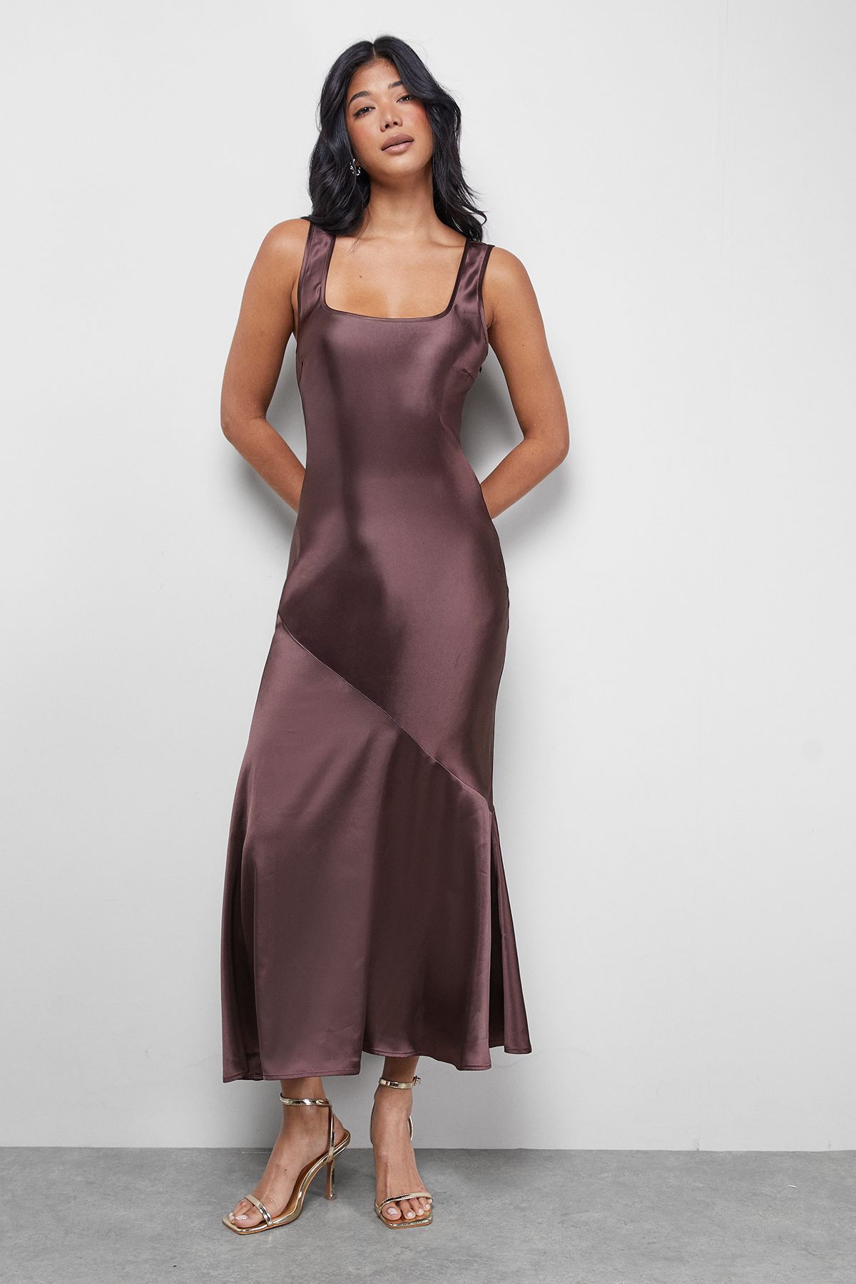 Warehouse Satin Scoop Neck Bias Midi Slip Dress Chocolate image 1