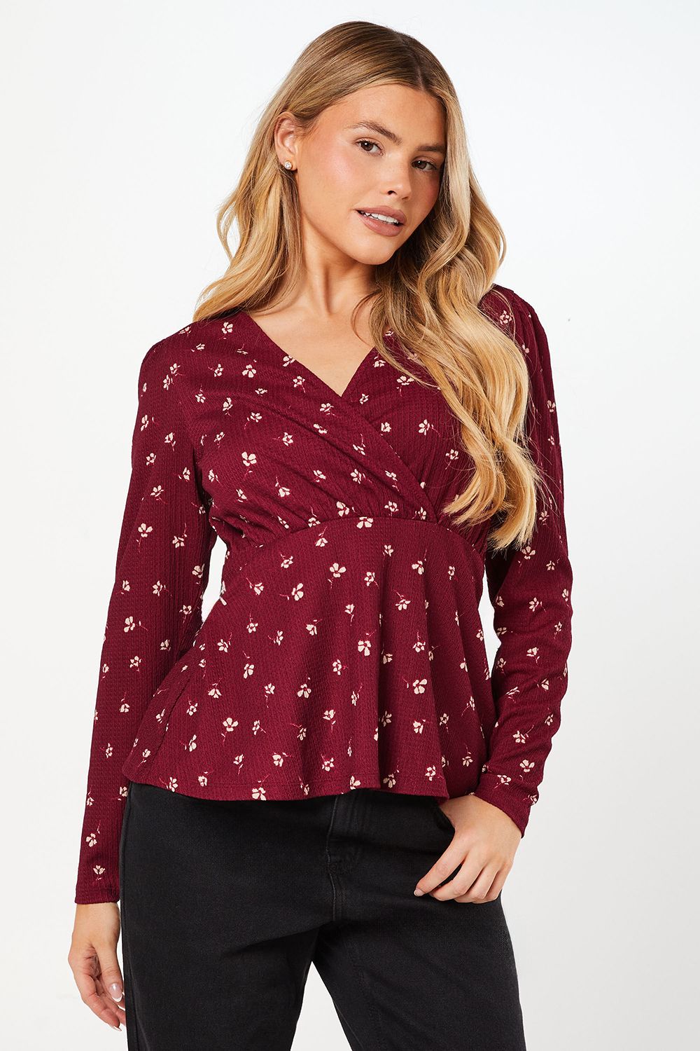 Dorothy Perkins Burgundy Ditsy Wrap Long Sleeve Top Burgundy image 1
