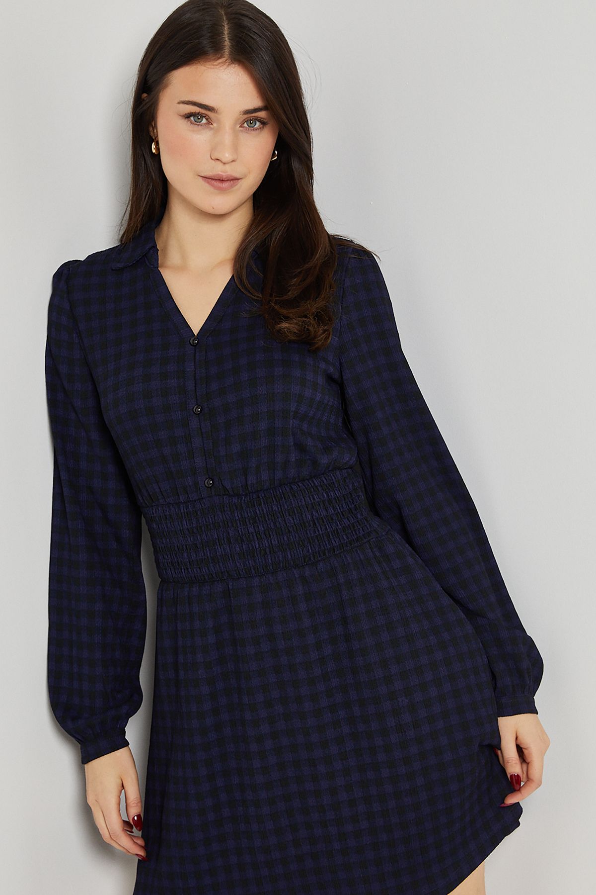 Dorothy Perkins Gingham Shirred Waist Collar Detail Jersey Mini Dress Gingham image 4