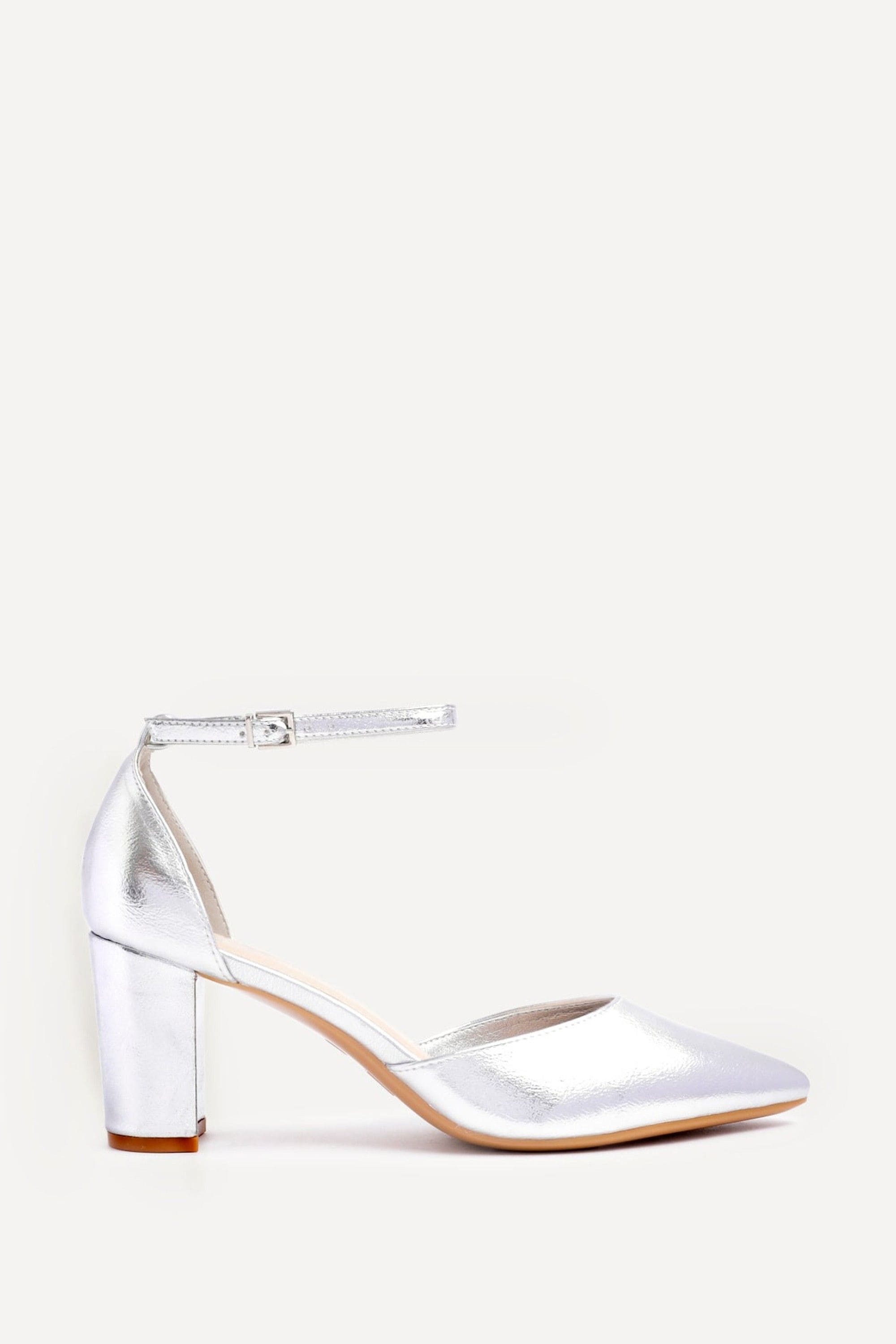 Linzi Leona Silver Faux Leather Closed Back Block Heeled Court Shoe