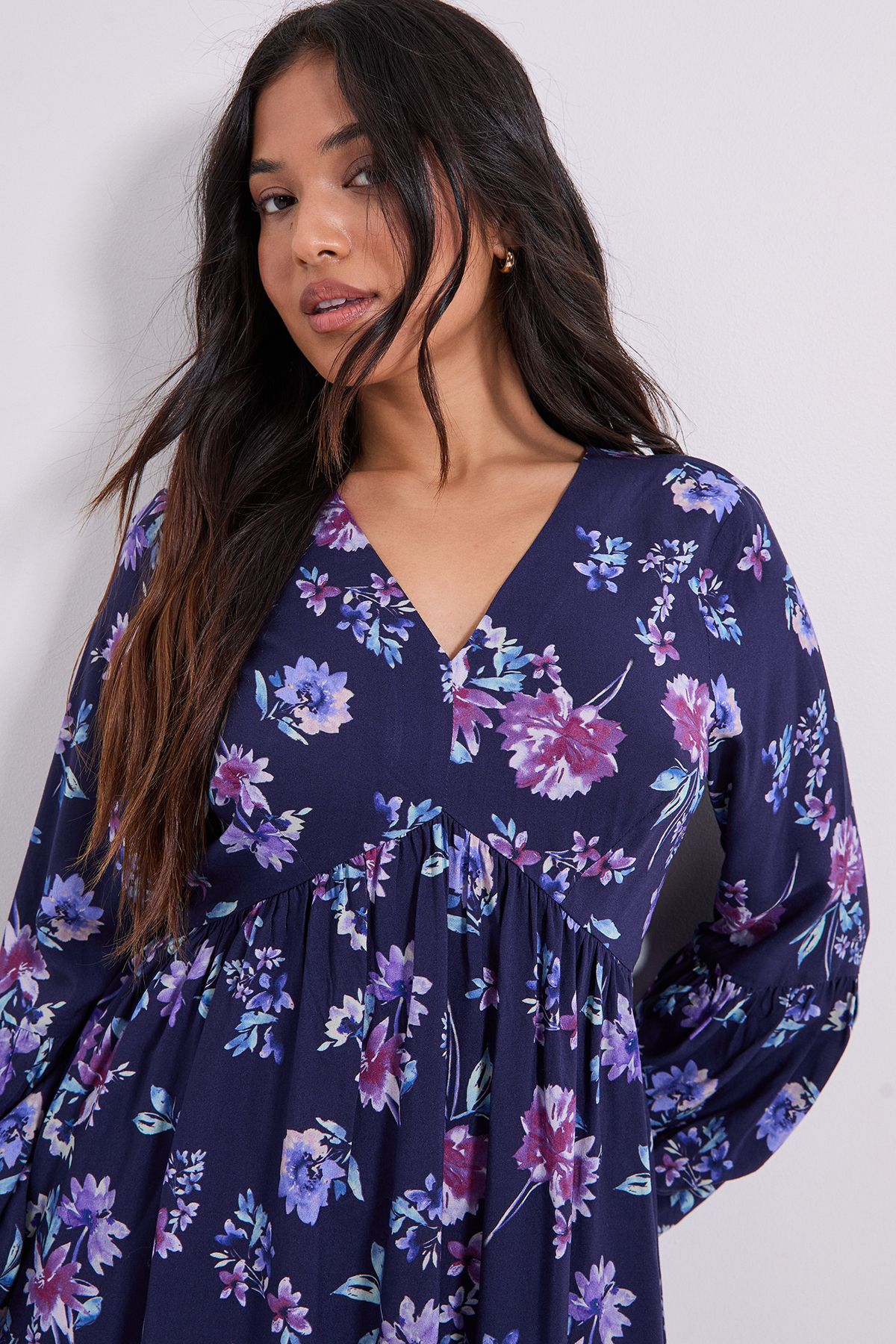 Dorothy Perkins Petite V Neck Smock Blouson Sleeve Printed Mini Dress Floral image 4