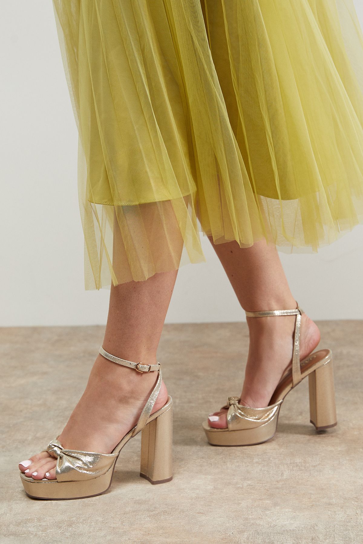 Oasis Melody Metallic Textile Knotted Platform High Block Heel Sandals Gold image 1