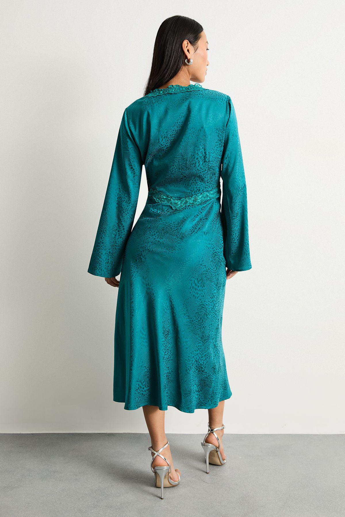 Warehouse Petite Satin Jacquard Lace Insert Godet Midi Dress Teal image 3