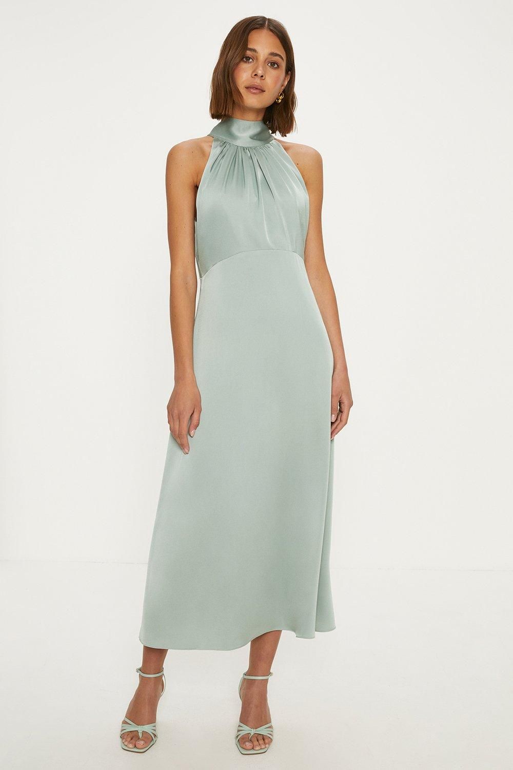 Oasis Oasis By Coast Satin Halter Neck Midi Bridesmaid Dress Sage