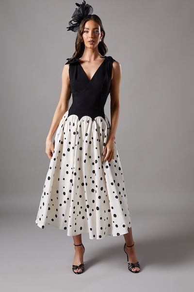 Coast Mono Spot Races Drop Waist Bow Shoulder Midi Dress Mono