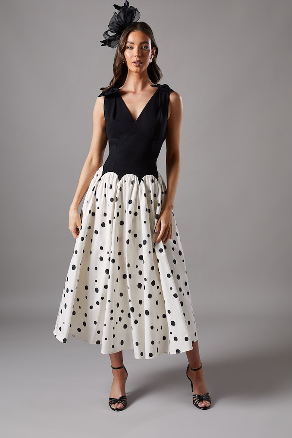 Coast Mono Spot Races Drop Waist Bow Shoulder Midi Dress Mono