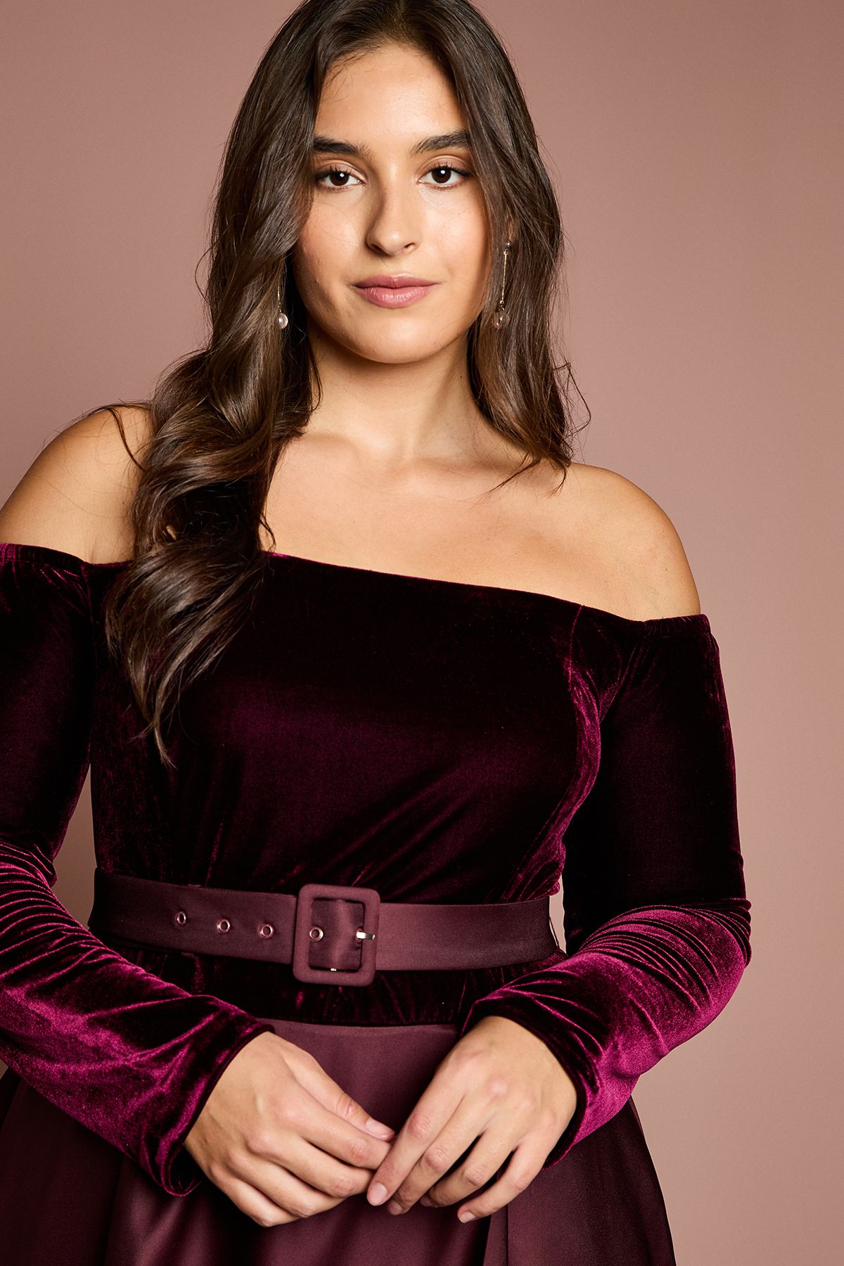 Coast Plus Size Long Sleeve Bardot Full Skirted Midi Dress Wine image 4