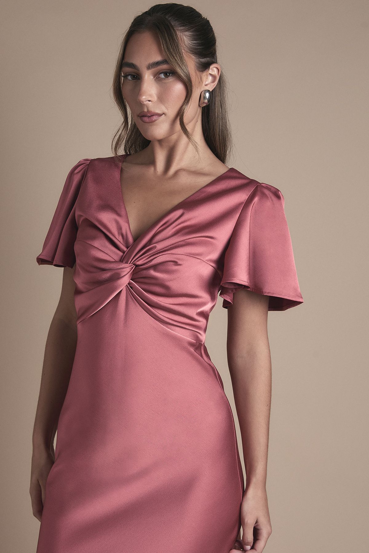 Oasis Satin Twist Front Angel Sleeve Midi Bridesmaid Dress Terracotta image 2