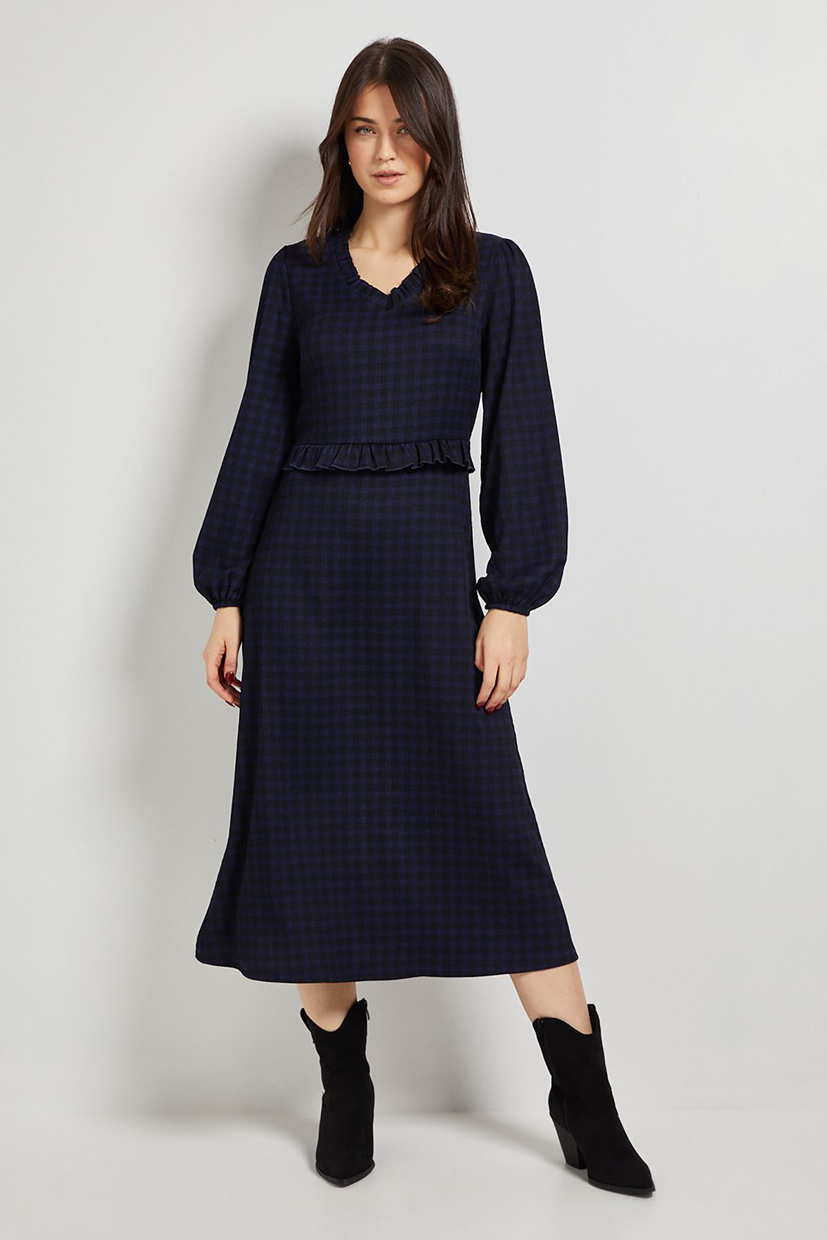 Dorothy Perkins Gingham Frill Scoop Neck Blouson Sleeve Jersey Midi Dress Gingham image 1
