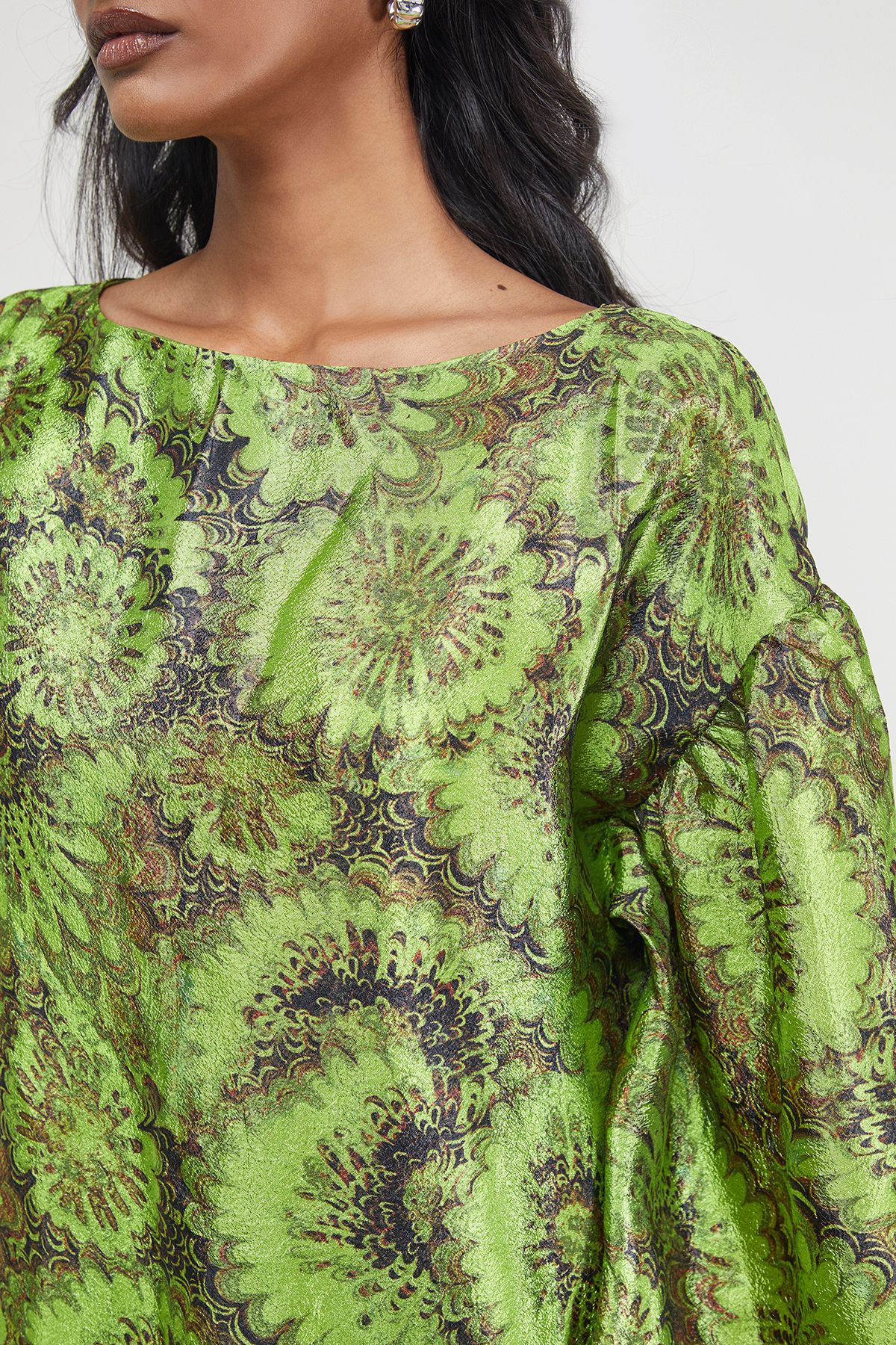 Warehouse Textured Organza Asymmetric Seam Volume Sleeve Midi Dress Floral image 5